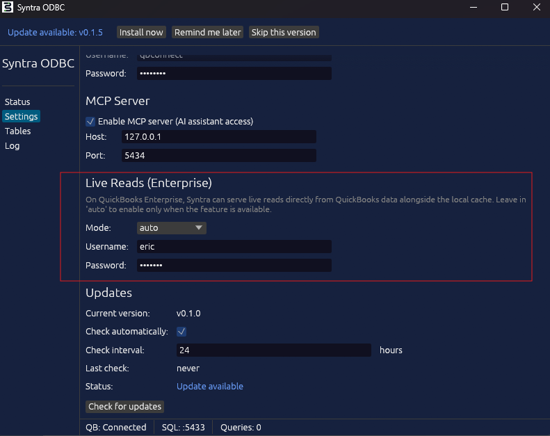 Syntra ODBC Live Reads section with the Mode, Username, and Password fields highlighted in red to show where to enter the ODBC user credentials created in step 1