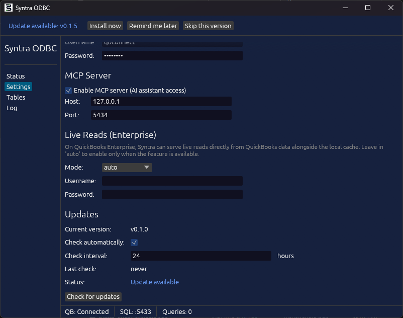 Syntra ODBC Settings tab showing the Live Reads (Enterprise) section with Mode dropdown set to auto and empty Username and Password fields, positioned between the MCP Server and Updates sections