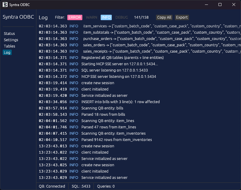 Syntra ODBC Log tab showing a live stream of insert, update, fetch, and schema-building events for bills, charges, expense lines, and inventory adjustments