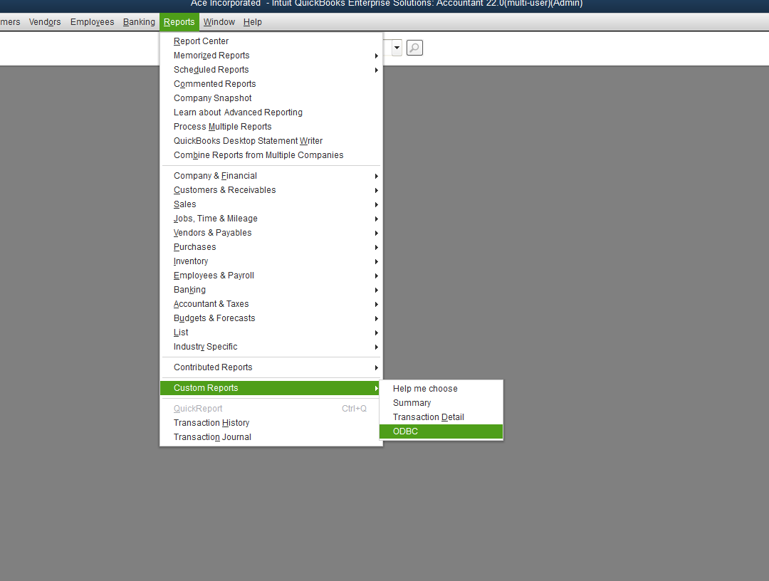 QuickBooks Enterprise Reports menu with Custom Reports submenu open and ODBC highlighted