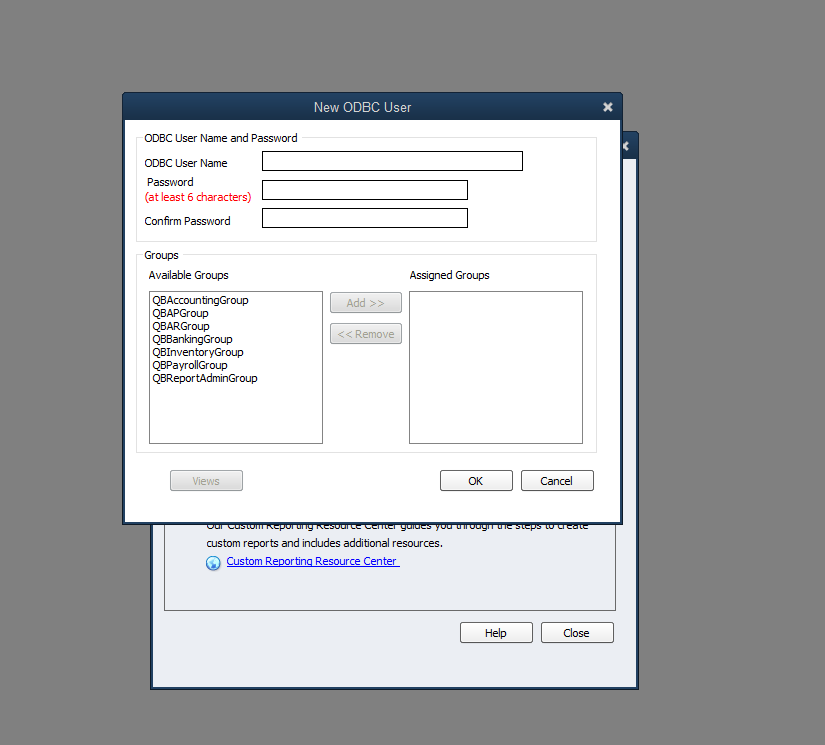 New ODBC User dialog with empty fields for ODBC User Name, Password, and Confirm Password, plus an Available Groups list showing QBAccountingGroup, QBAPGroup, QBARGroup, QBBankingGroup, QBInventoryGroup, QBPayrollGroup, and QBReportAdminGroup