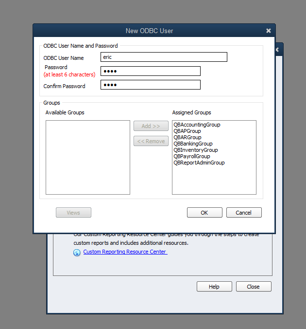 New ODBC User dialog filled in with user name 'eric', password set, and all seven groups (QBAccountingGroup, QBAPGroup, QBARGroup, QBBankingGroup, QBInventoryGroup, QBPayrollGroup, QBReportAdminGroup) moved to the Assigned Groups column