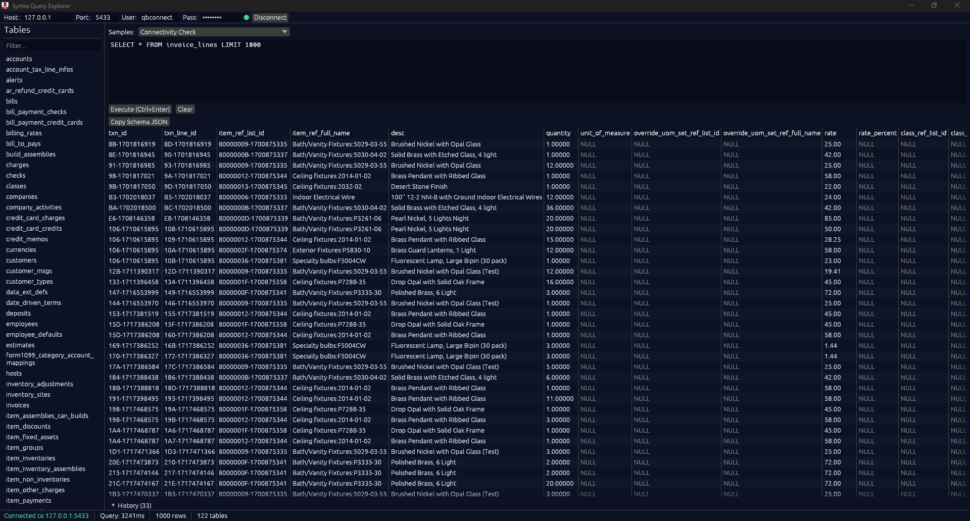 Syntra Query Explorer with the full tables list on the left and a query result from invoice_lines