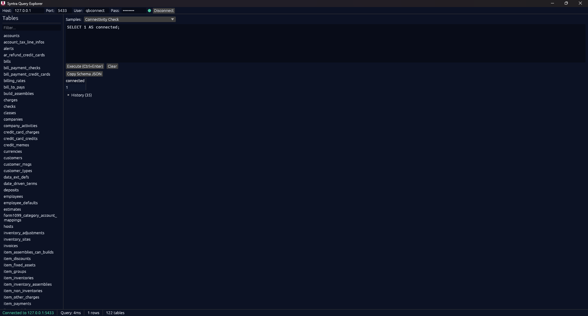 Query Explorer Sample Queries dropdown and Copy Schema JSON output for SELECT 1 AS connected