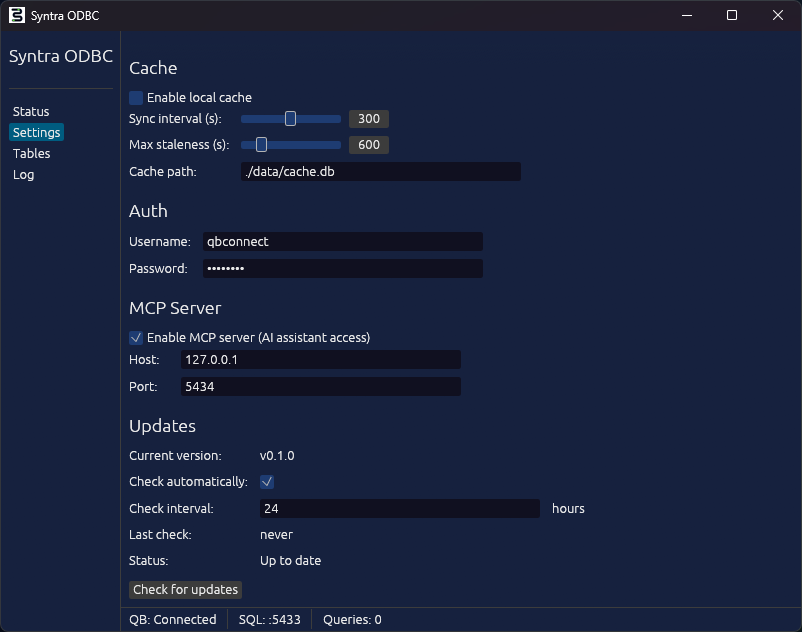 Syntra Settings tab showing cache sync interval and max staleness controls, the qbconnect username and password fields, the MCP server enable toggle with host and port 5434, and the updates panel with a Check for updates button