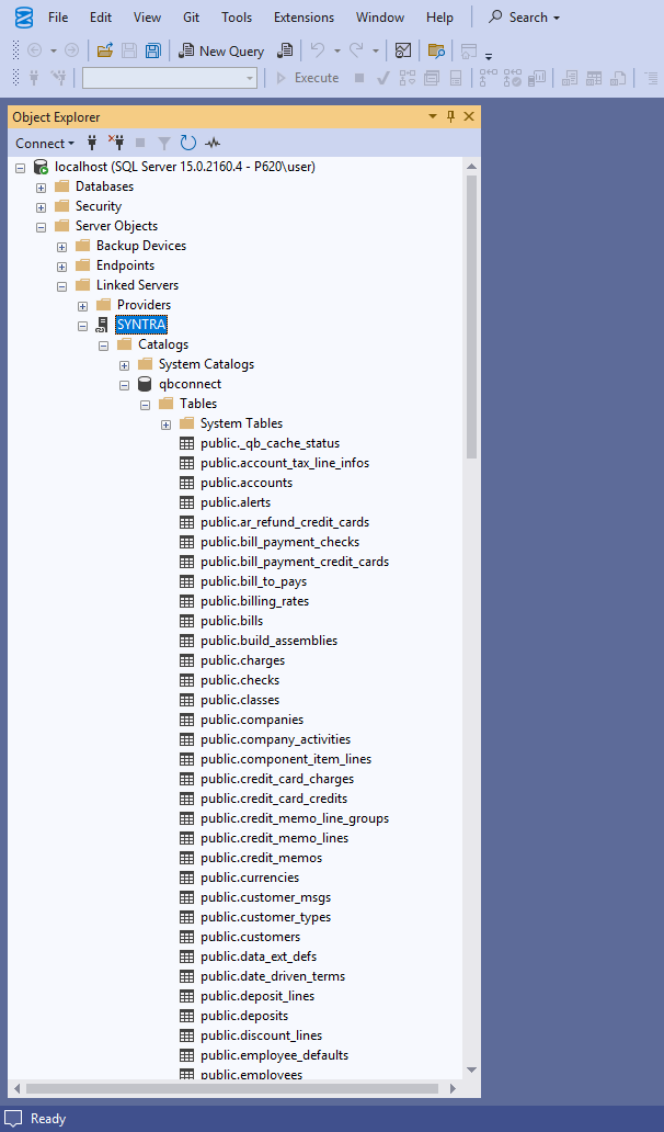 SQL Server Management Studio Object Explorer showing the SYNTRA linked server expanded with every QuickBooks table listed under qbconnect > Tables